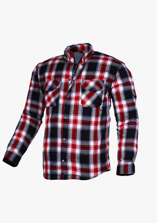 WCL Kevlar Lined Performance Motorcycle Riding Long Sleeve Flannel Shirt W/T CE Level 1 armor - Red and White
