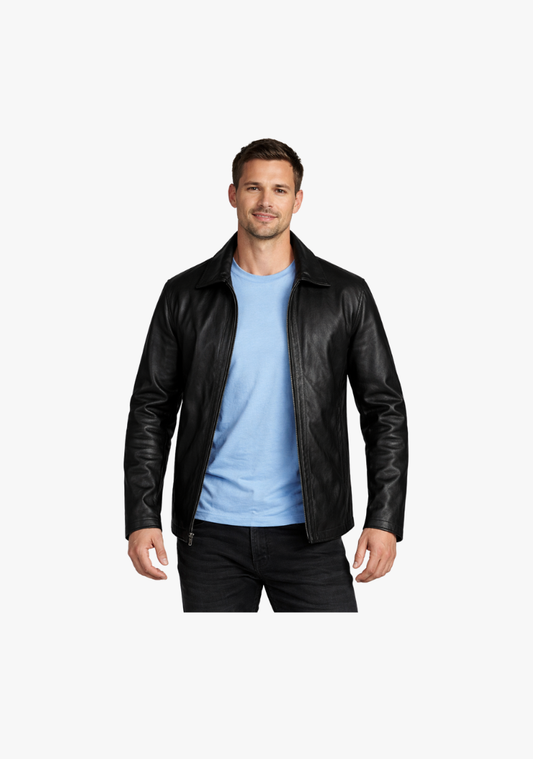 Straight Classic Fashion Leather Jacket with Collar