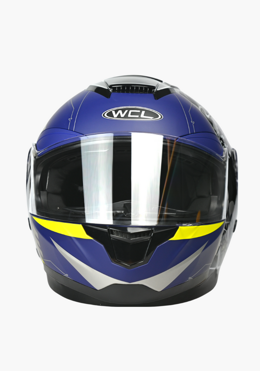 WCL Raider Full Face Motorcycle Helmet - Drop Down Tinted Visor, Quick Release Buckle, DOT Approved - Blue Yellow