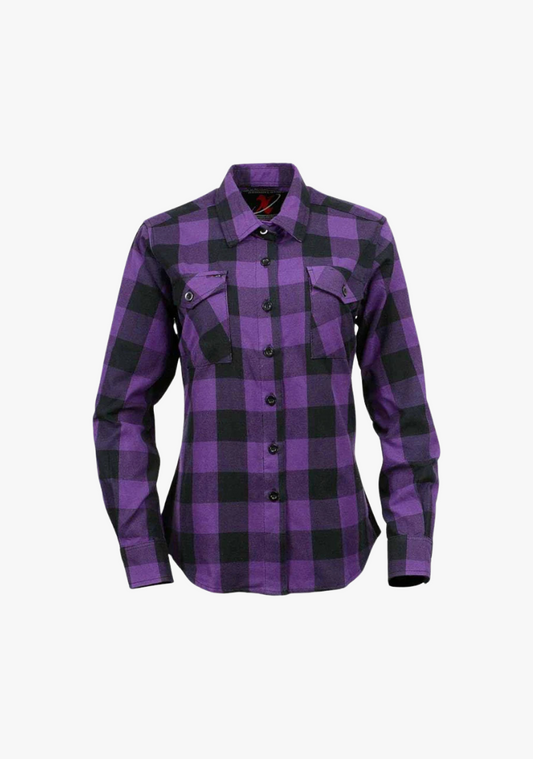 WCL Women's Kevlar Lined Performance Motorcycle Riding Long Sleeve Flannel Shirt W/T CE Level 1 armor - Purple