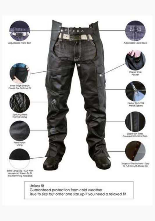 ZIP-OUT INSULATED AND LINED PLAIN BIKER LEATHER CHAPS