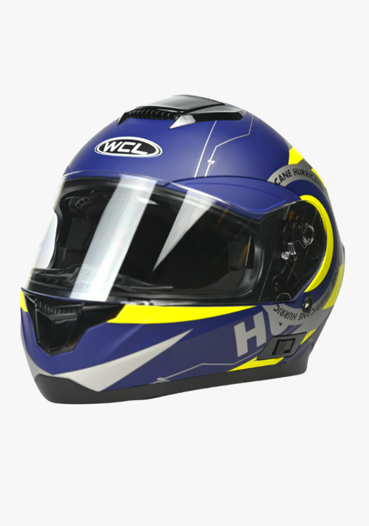 WCL Raider Full Face Motorcycle Helmet - Drop Down Tinted Visor, Quick Release Buckle, DOT Approved - Blue Yellow