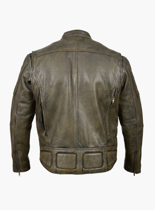 Distressed Brown Padded and Vented Leather Scooter Jacket