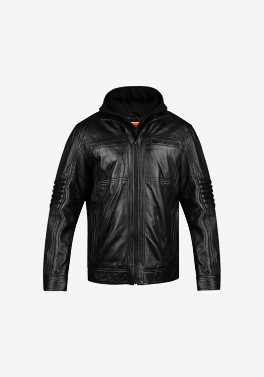 Straight Fashion Leather Jacket with Removable Hood
