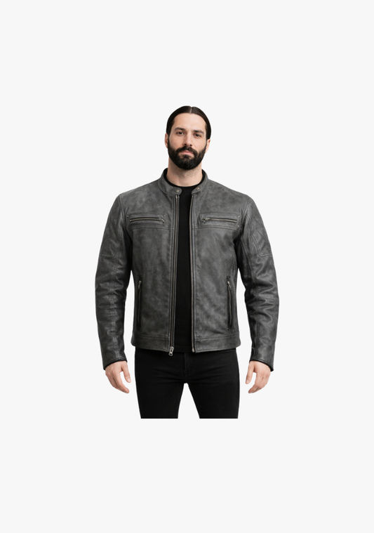 WCL Distressed Gray Padded & Vented Leather Scooter Jacket