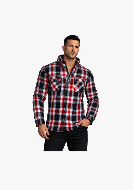 WCL Kevlar Lined Performance Motorcycle Riding Long Sleeve Flannel Shirt W/T CE Level 1 armor - Red and White