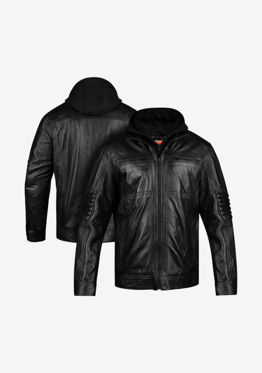 Straight Fashion Leather Jacket with Removable Hood