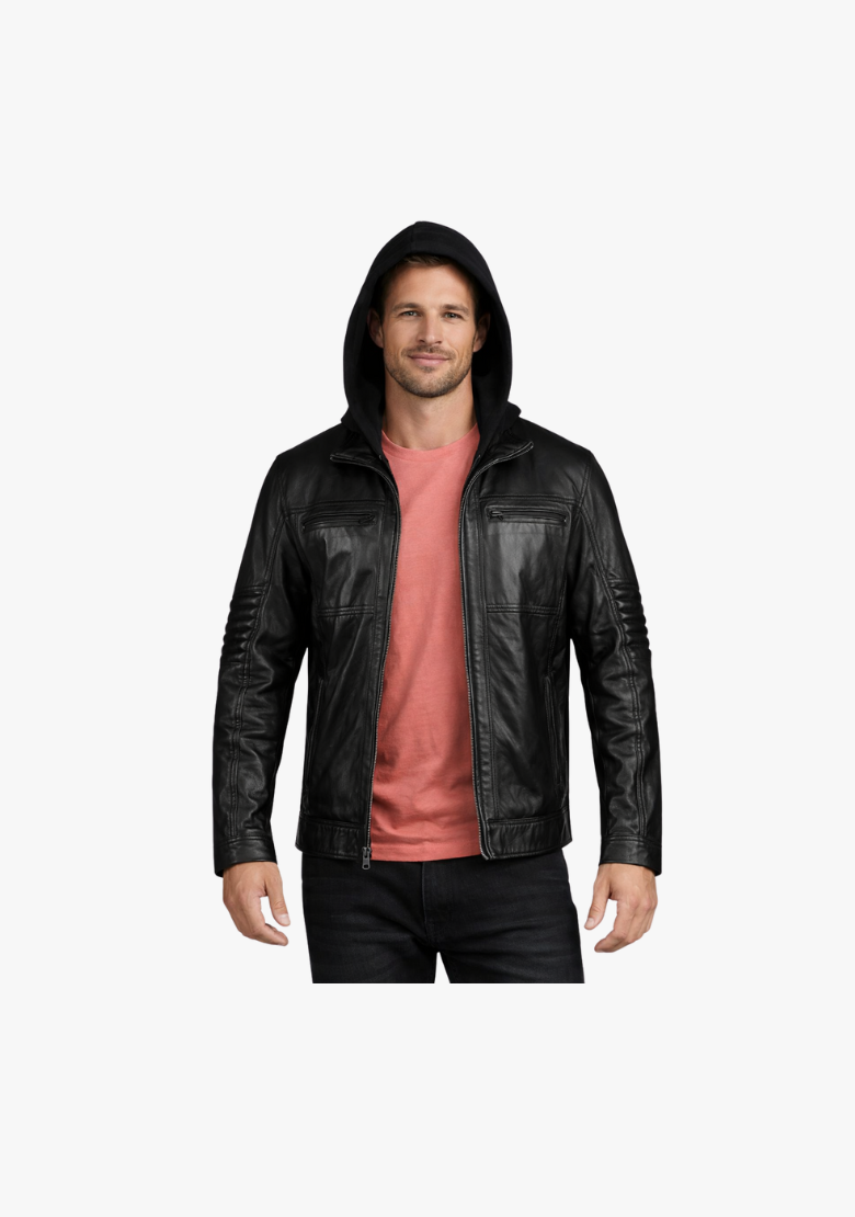 Straight Fashion Leather Jacket with Removable Hood