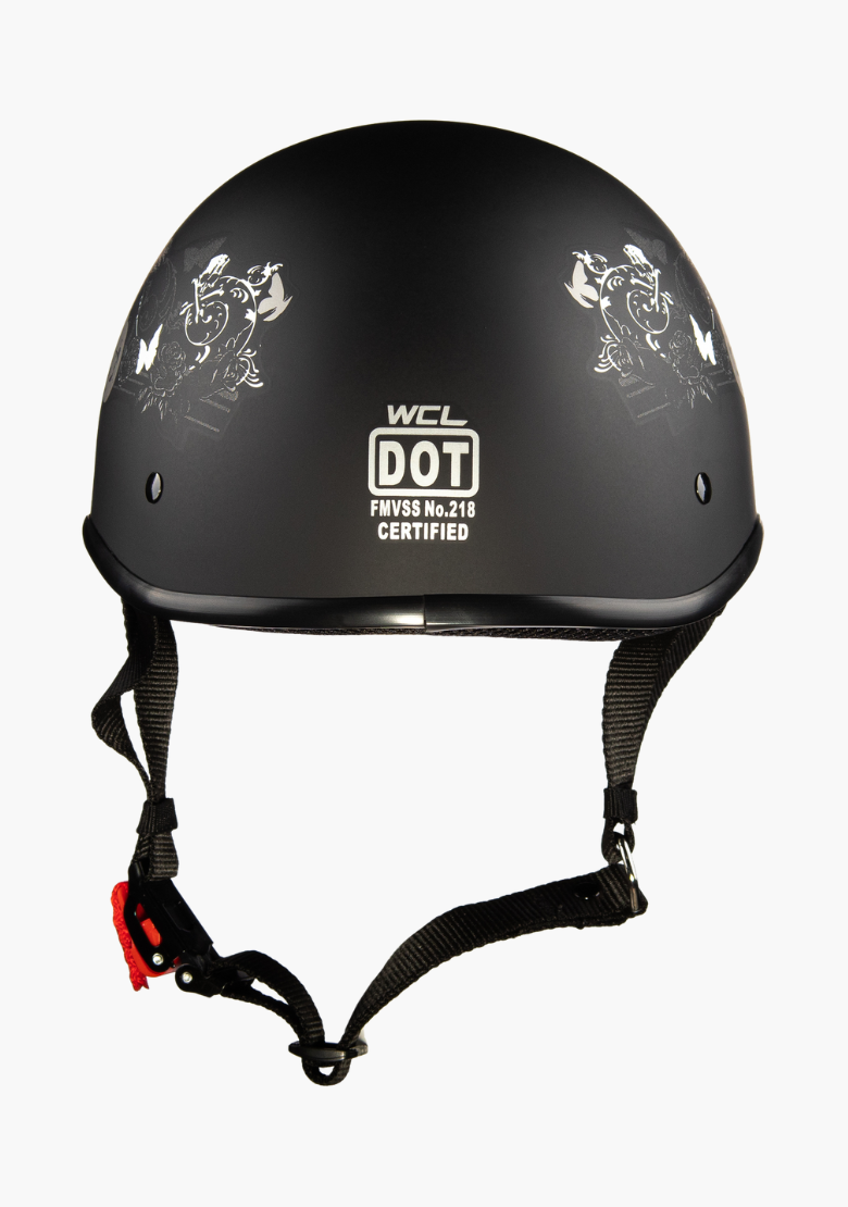 female motorcycle half helmet Hot Leathers HLD1034 Butterfly Lock Gloss Black DOT Approved Skull Cap Biker Meets or Exceeds FMVSS No 218 Certified / DOT Standards Polo Motorcycle Half Helmet DOT