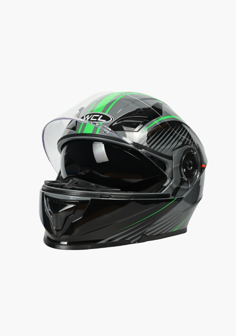 WCL Modular Full Face Motorcycle Helmet with Double Lens Visor - Green Black