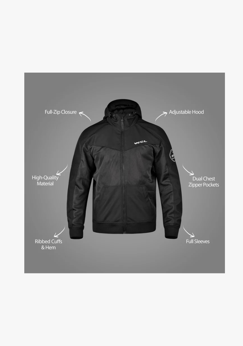 Softshell Cordura Armored Motorcycle Mesh Hoodie w/t CE Level 1 armor - Black
