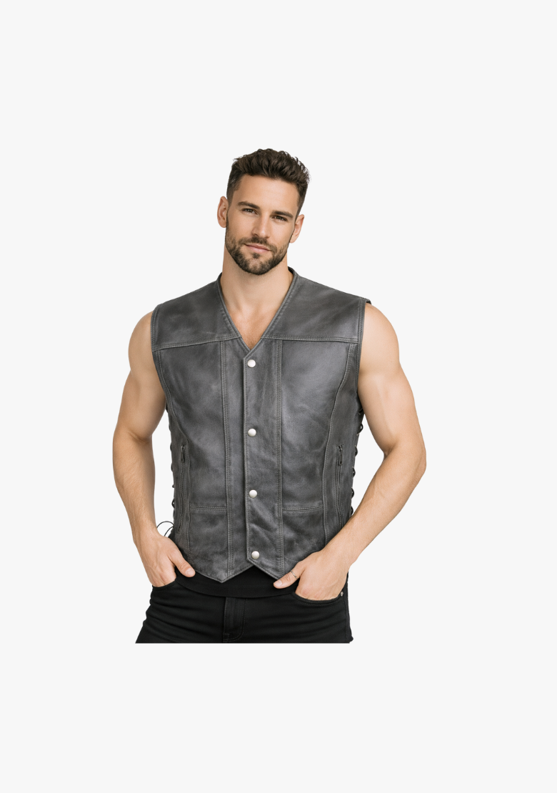 WCL Distressed Grey Ten Pocket Cowhide Leather Vest