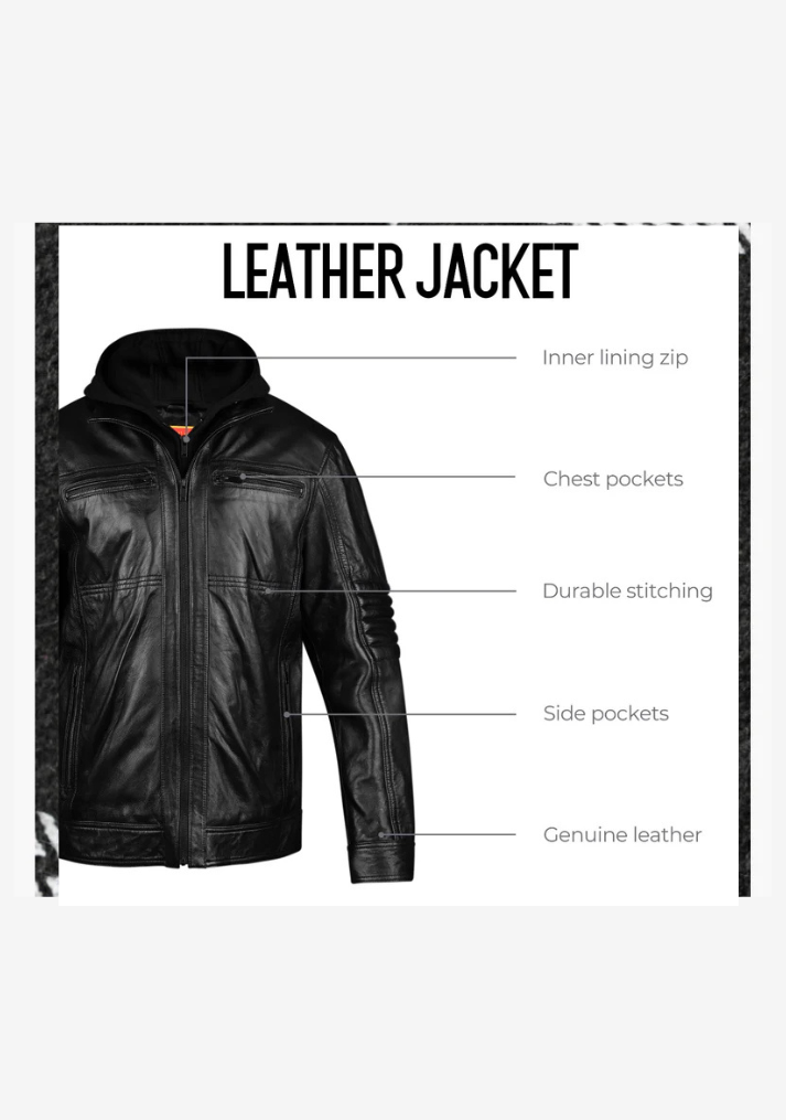 Straight Fashion Leather Jacket with Removable Hood