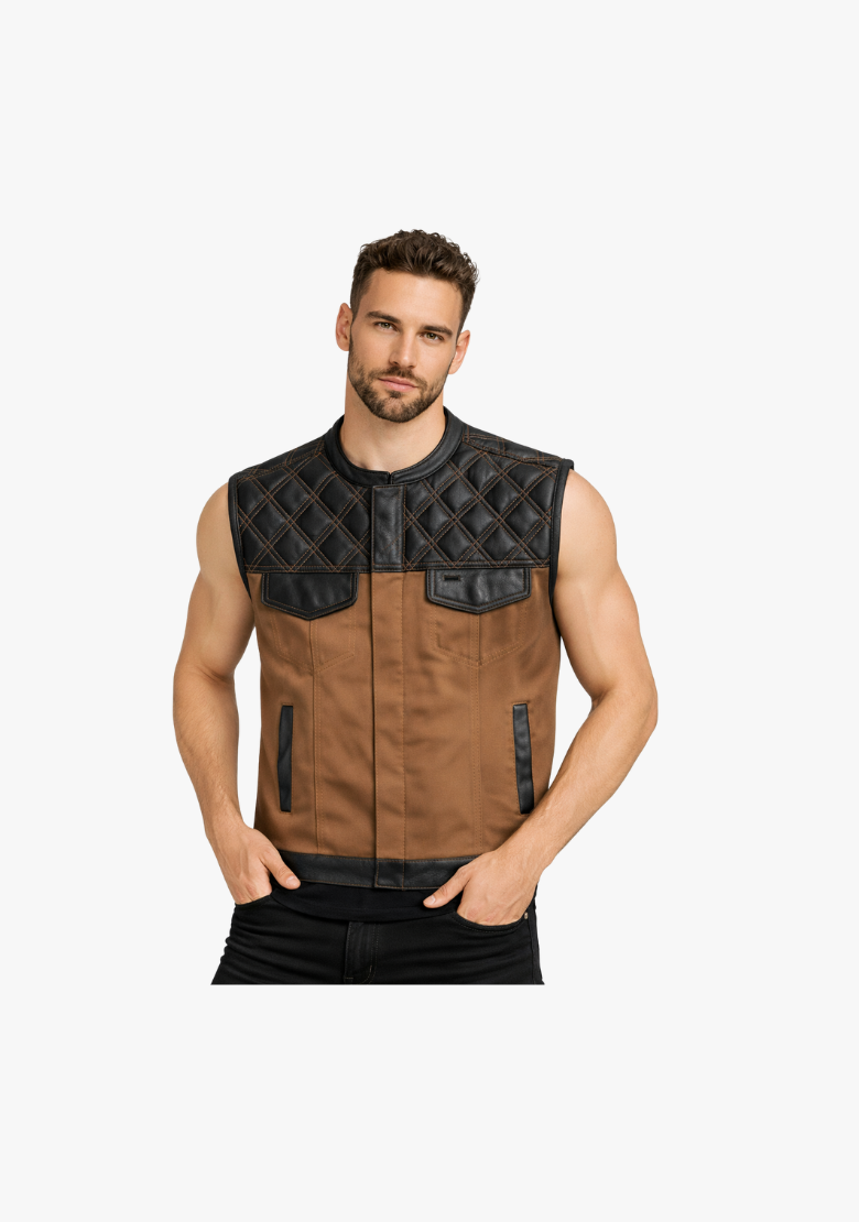 WCL Hybrid Canvas Leather Club Vest w/t Brown Quilted Leather