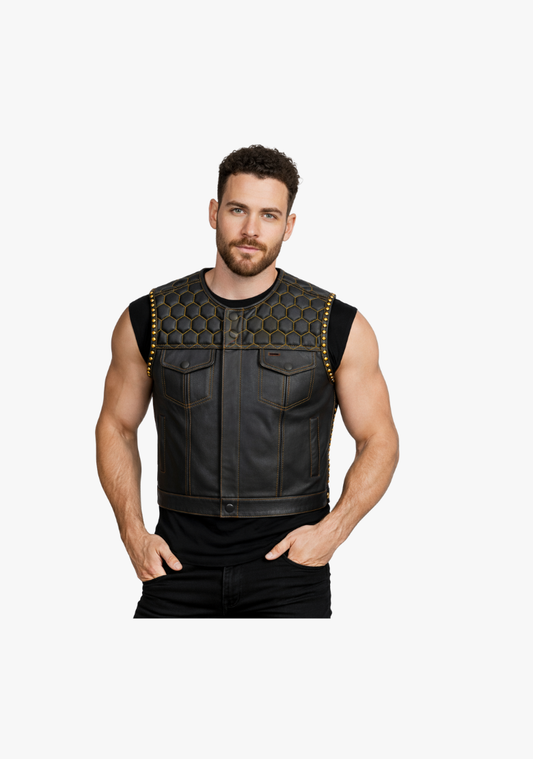 WCL Leather Club Vest w/t Yellow Stitch