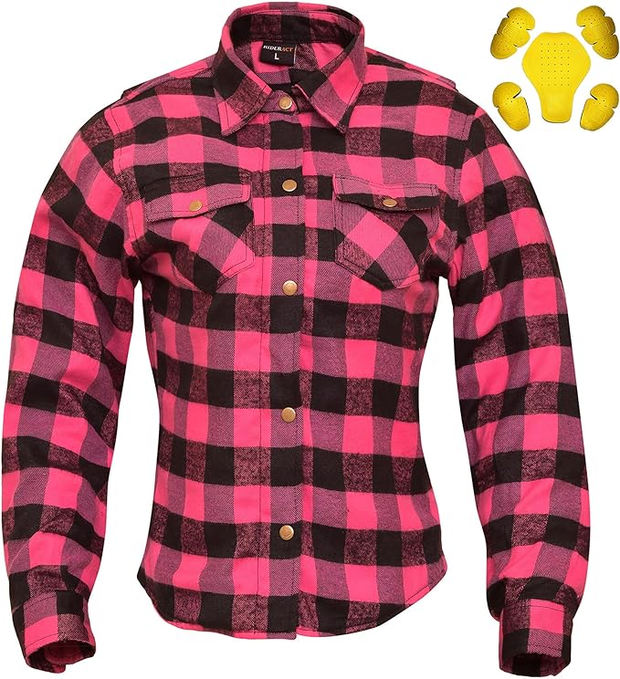 WCL Women's Kevlar Lined Performance Motorcycle Riding Long Sleeve Flannel Shirt  W/T CE Level 1 armor - Pink