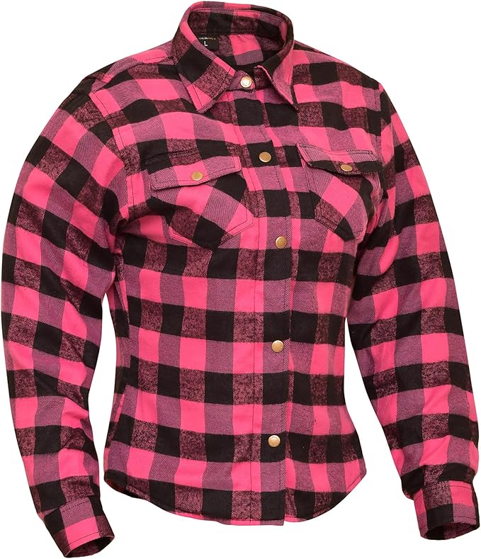 WCL Women's Kevlar Lined Performance Motorcycle Riding Long Sleeve Flannel Shirt  W/T CE Level 1 armor - Pink