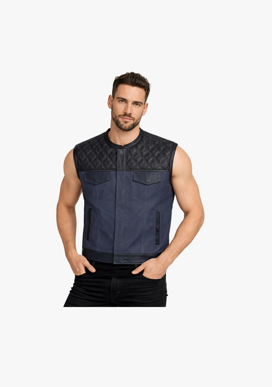 WCL Hybrid Canvas Leather Club Vest w/t Navy Blue Quilted Leather