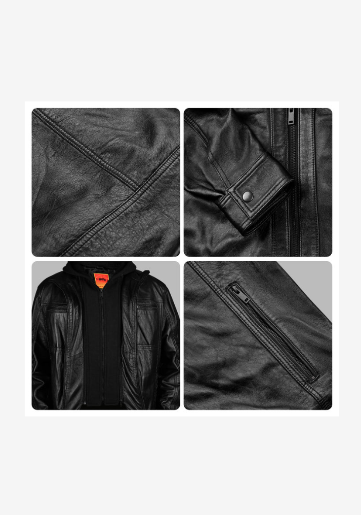 Straight Fashion Leather Jacket with Removable Hood