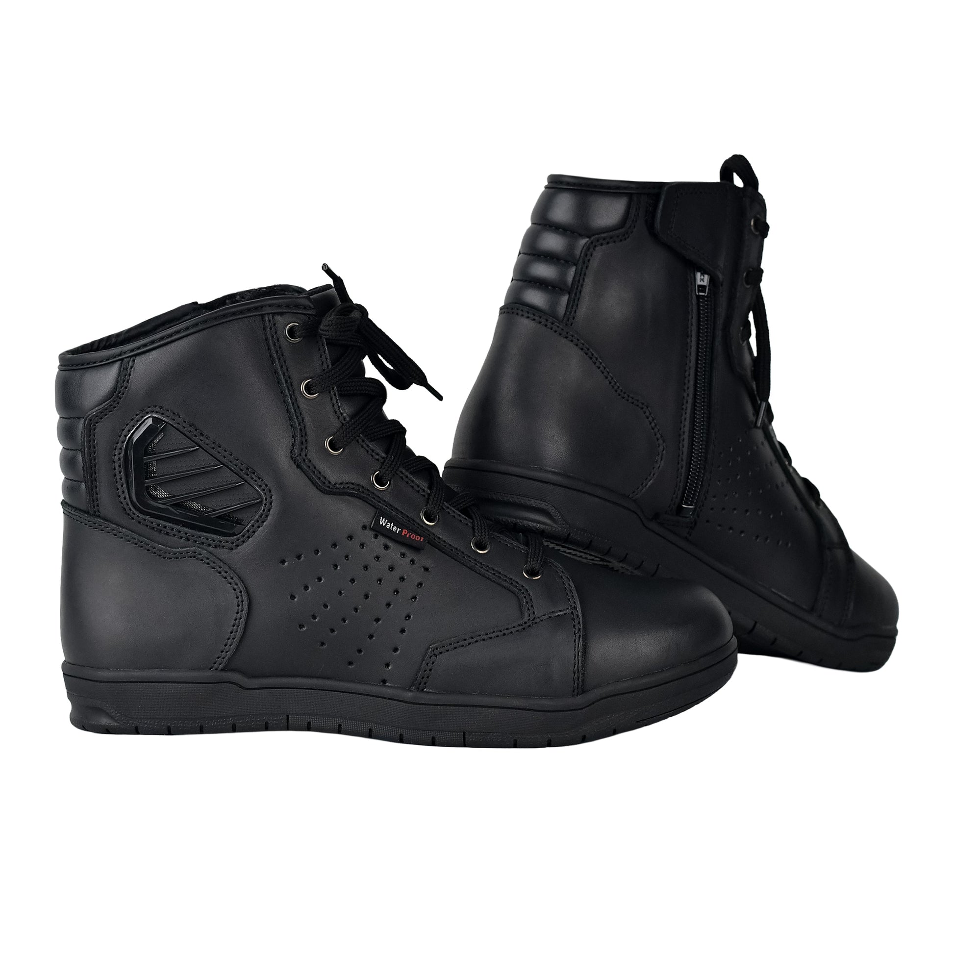 WCL Motorcycle Riding Leather Shoes - Black Sneaker with White Sole WCL Helmet