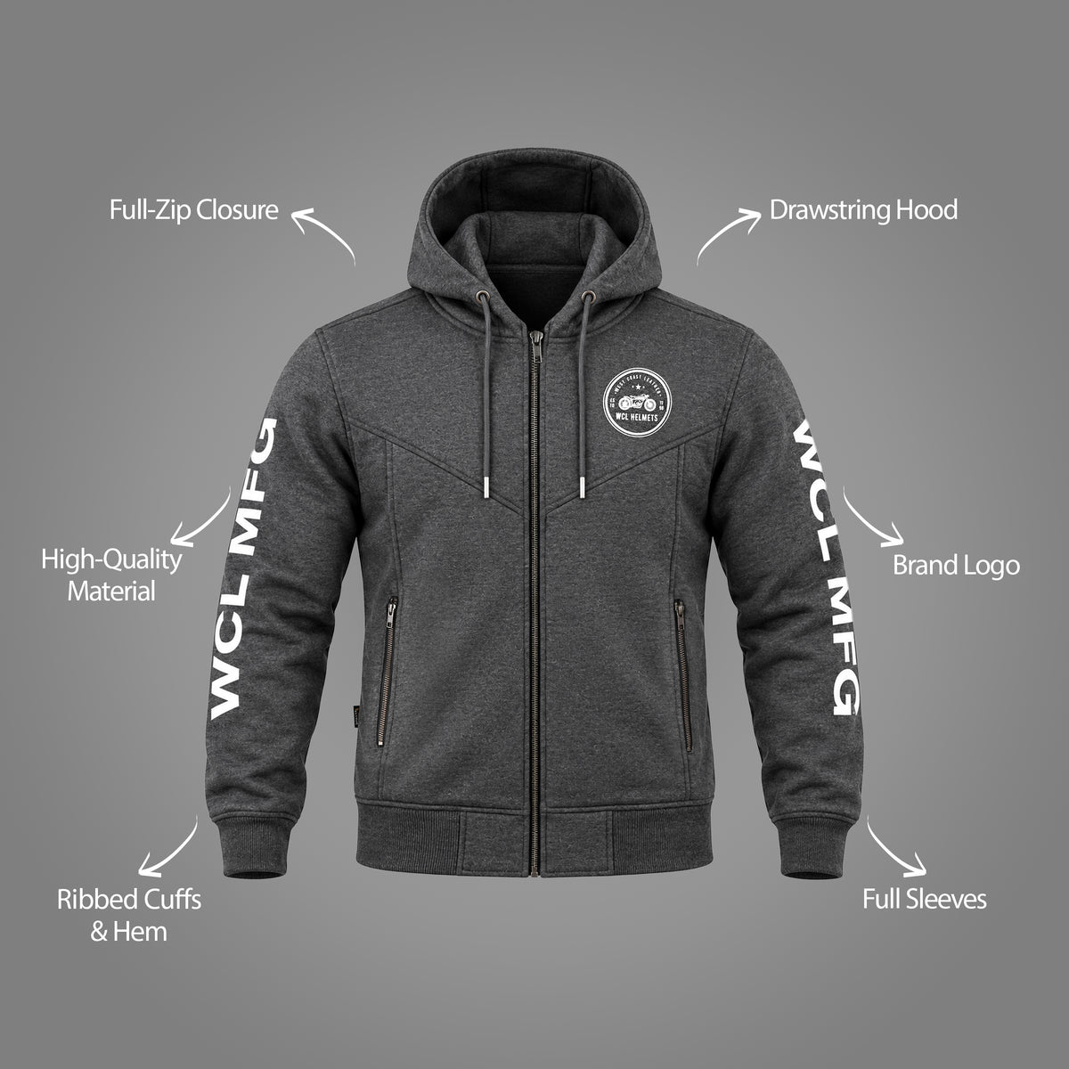 WCL Zippered Armoured Kevlar Lined Motorcycle Riding Hoodie w/t CE Level 1 Armor - Charcoal