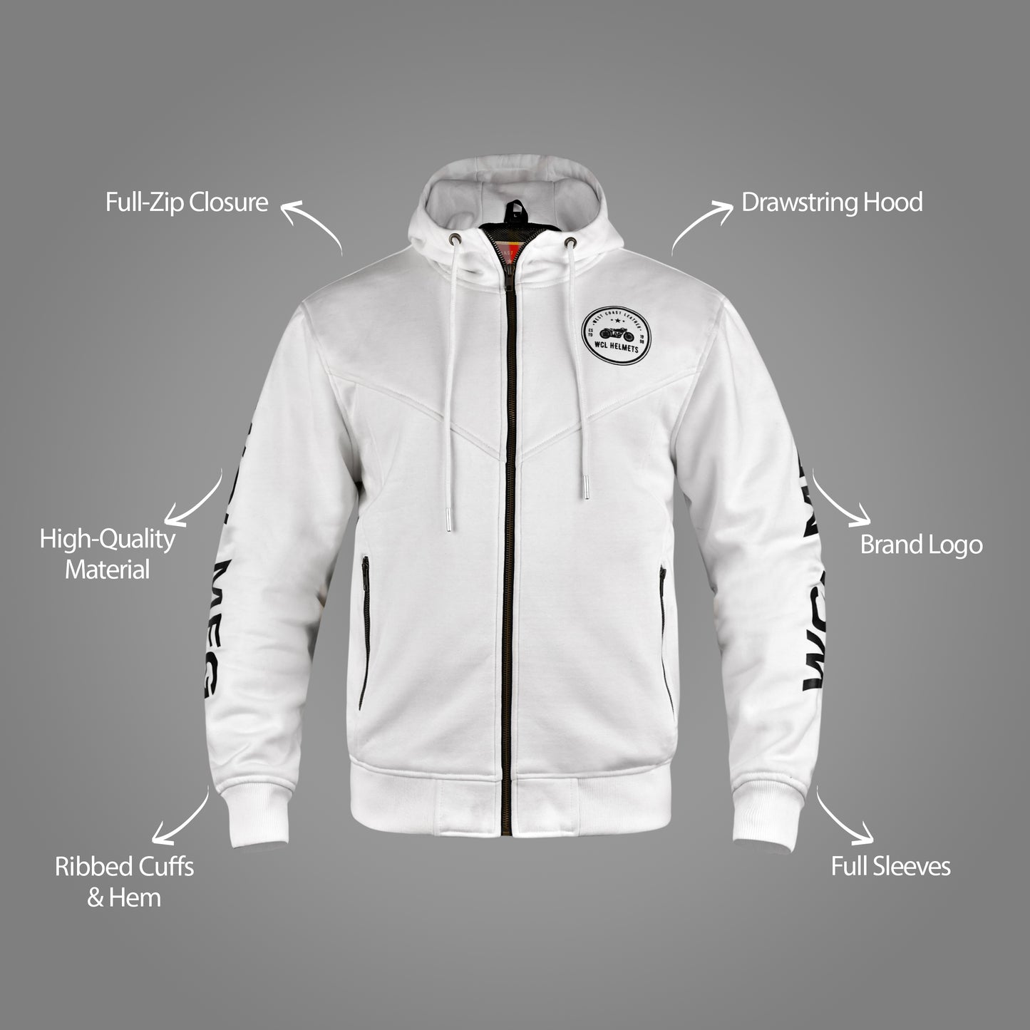 WCL Zippered Armoured Kevlar Lined Motorcycle Riding Hoodie w/t CE Level 1 Armor - White