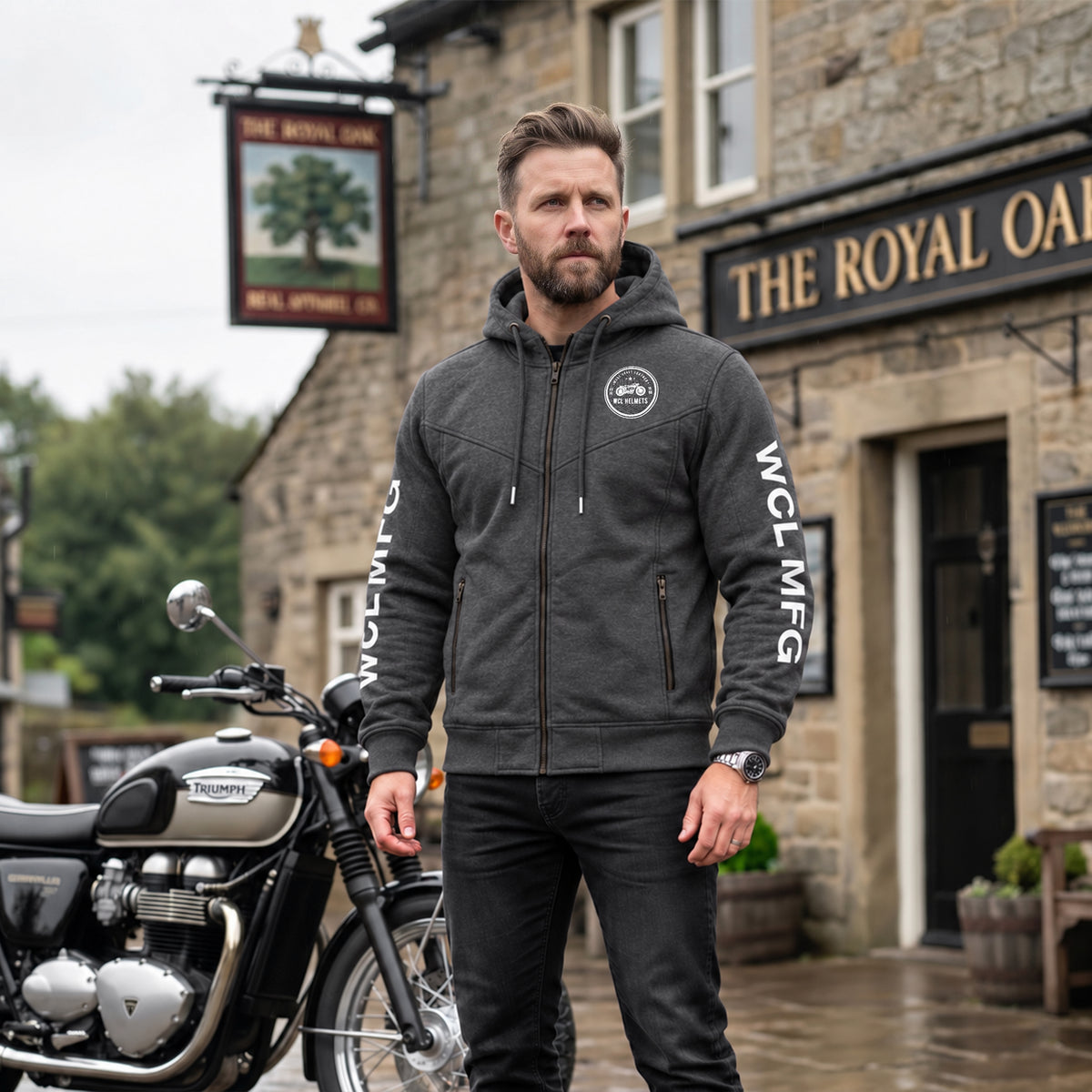 WCL Zippered Armoured Kevlar Lined Motorcycle Riding Hoodie w/t CE Level 1 Armor - Charcoal