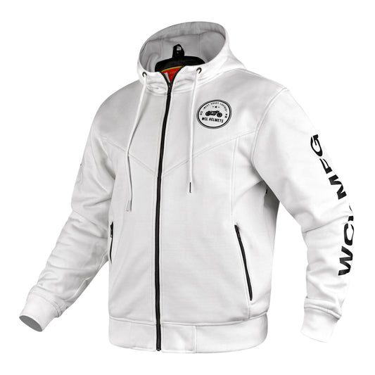 WCL Zippered Armoured Kevlar Lined Motorcycle Riding Hoodie w/t CE Level 1 Armor - White