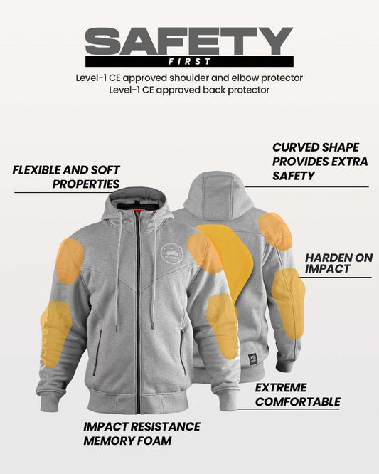 WCL Zippered Armoured Kevlar Lined Motorcycle Riding Hoodie w/t CE Level 1 Armor - Gray