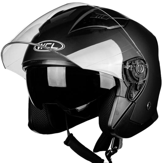 WCL 3/4 W/ Dual Flip Down Faceshields Motorcycle Helmet & Scooter Helmet Matt Black WCL Helmet