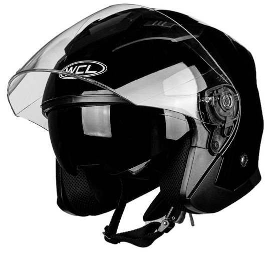 WCL 3/4 W/ Dual Flip Down Faceshields Motorcycle Helmet & Scooter Helmet Gloss Black WCL Helmet