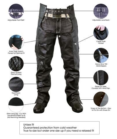 ZIP-OUT INSULATED AND LINED PLAIN BIKER LEATHER CHAPS - WCL Helmet