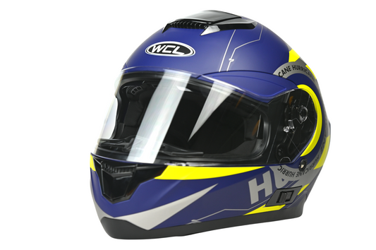 WCL Raider Full Face Motorcycle Helmet - Drop Down Tinted Visor, Quick Release Buckle, DOT Approved - Blue Yellow