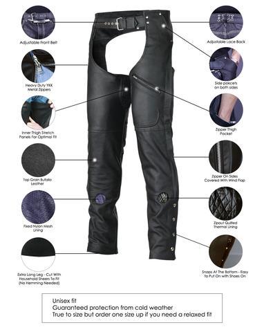 ZIP-OUT INSULATED PANT STYLE ZIPPER POCKET LEATHER CHAPS - WCL Helmet