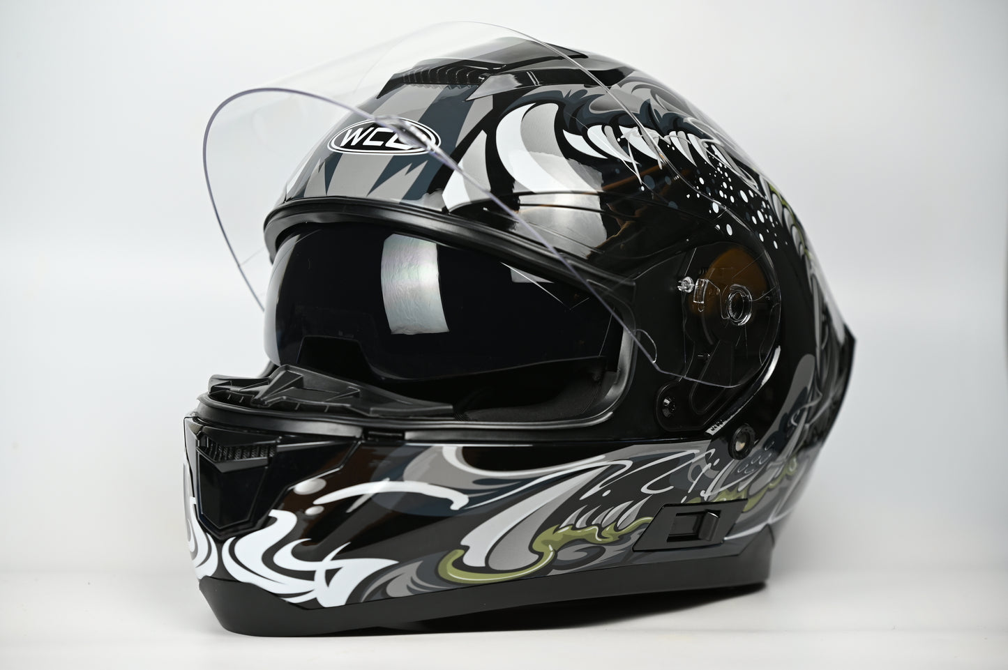 WCL Raider Full Face Motorcycle Helmet - Drop Down Tinted Visor, Quick Release Buckle, DOT Approved - Grey Black WCL Helmet