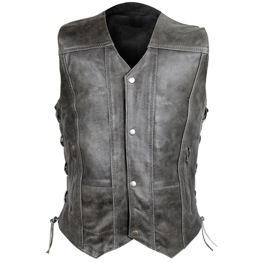 Distressed Grey Ten Pocket Cowhide Leather Vest wclapparel