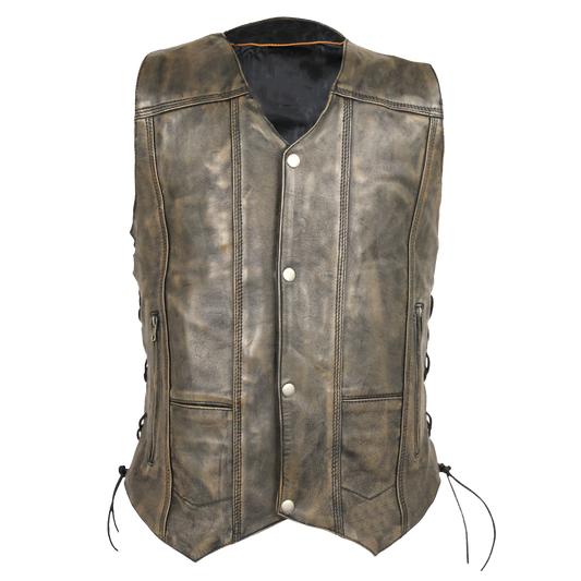 Distressed Brown Ten Pocket Cowhide Leather Vest wclapparel